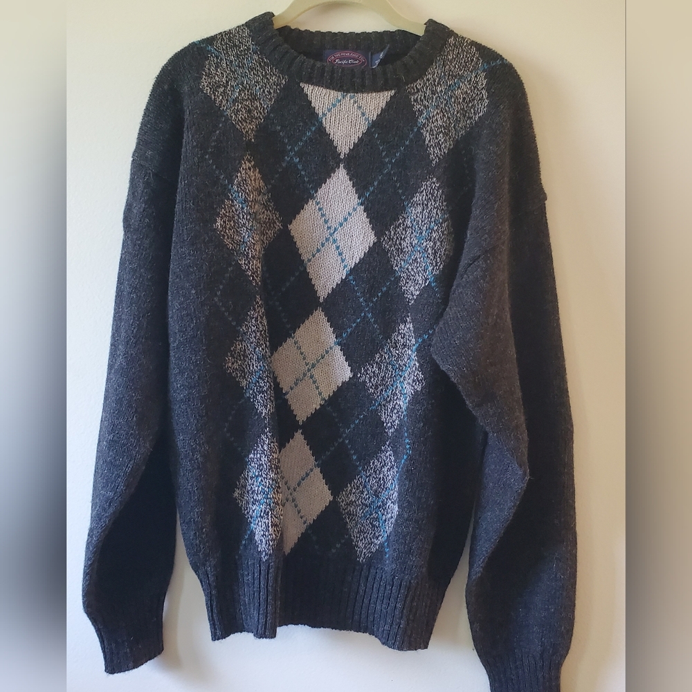 Vintage Pacific Club by Nak Sweater Men M Pullover Crew Gray Argyle Wool Thick
